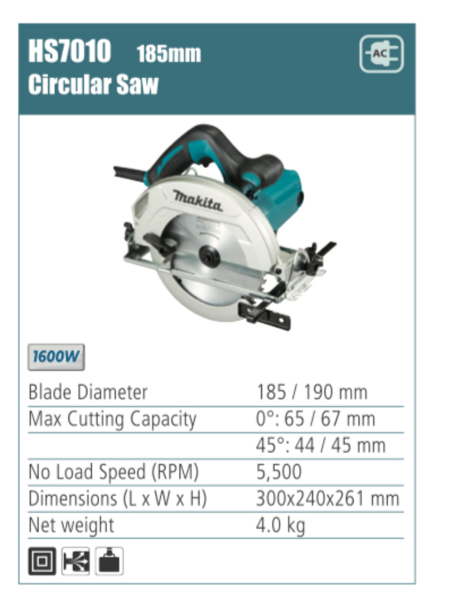 MAKITA HS7010 Circular Saw 185mm blade diameter, 1600W