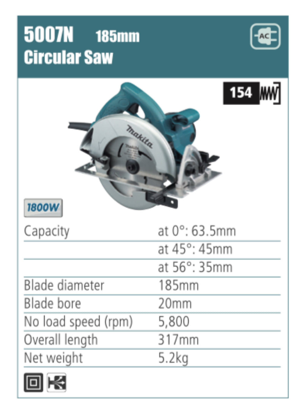 MAKITA 5007N, Circular saw 185mm blade diameter, 1800W