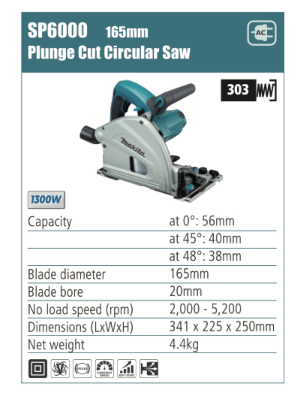MAKITA SP6000 Plunge Cut Circular saw, 165mm blade diameter 1300W