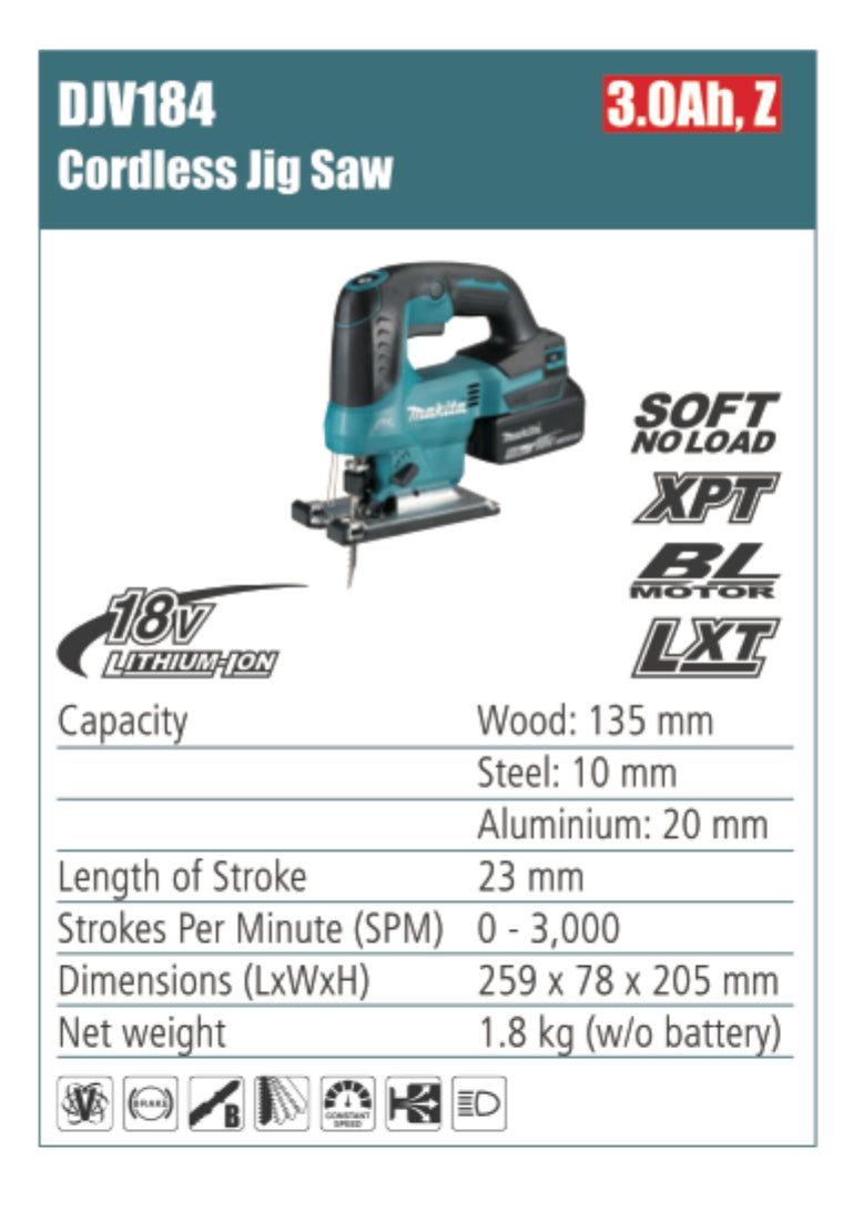 MAKITA DJV184 Cordless Jig Saw 23mm length of stroke, without battery