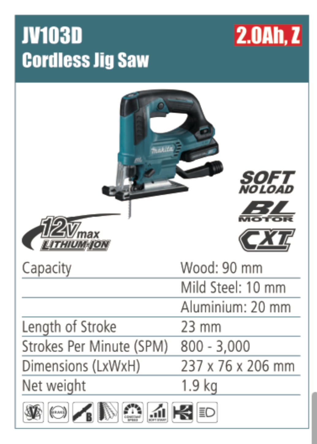 MAKITA JV103D Cordless Jig Saw 23mm length of stroke