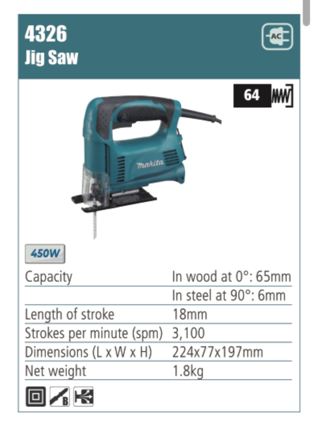 MAKITA Jig Saw 18mm length of stroke, 450W