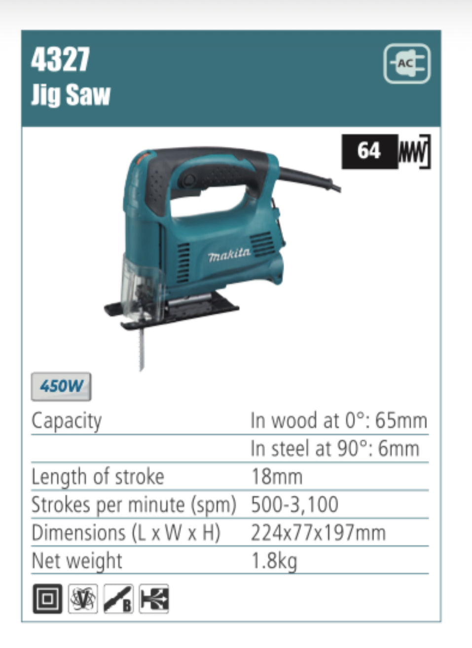 MAKITA Jig Saw 18mm length of stroke, 450W