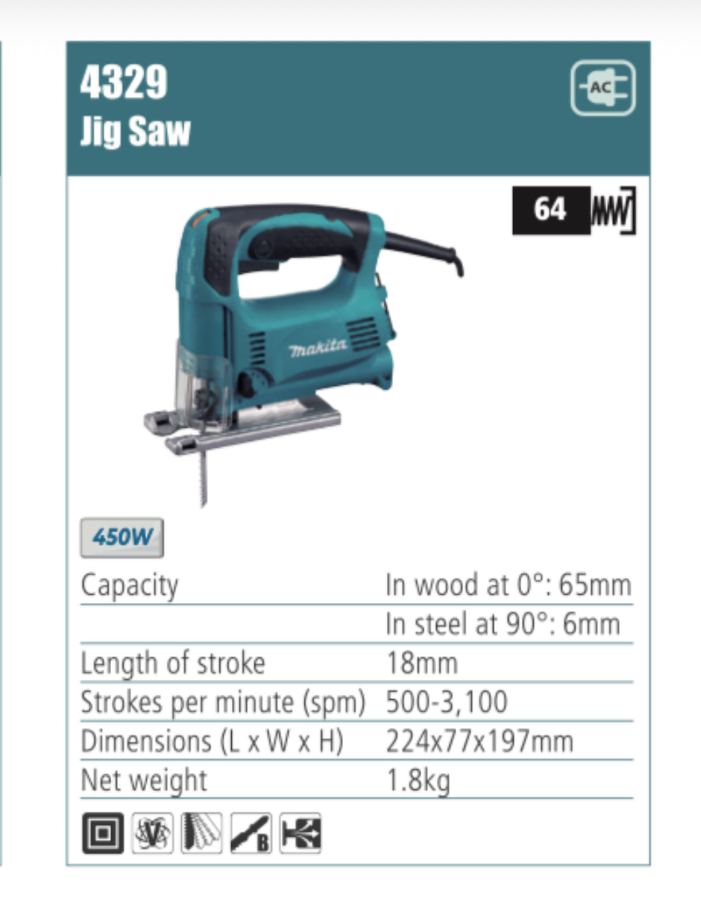 MAKITA Jig Saw 18mm length of stroke, 450W