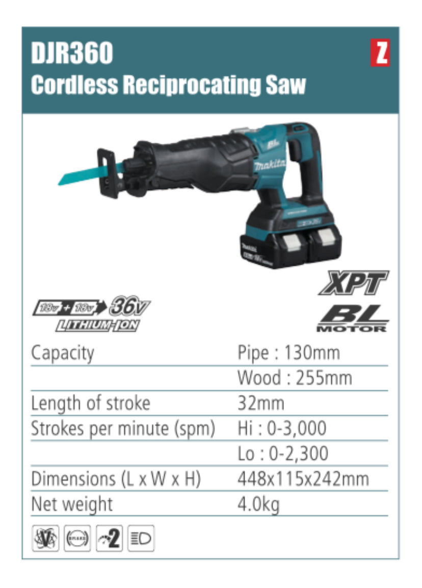 MAKITA Cordless Reciprocating Saw 32mm length stroke, without battery