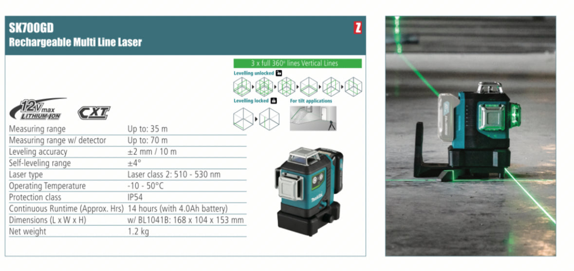 MAKITA Rechargeable Multi Line Laser, measuring range up to 35m