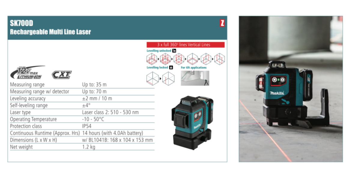MAKITA Rechargeable Multi Line Laser, measuring range up to 35m