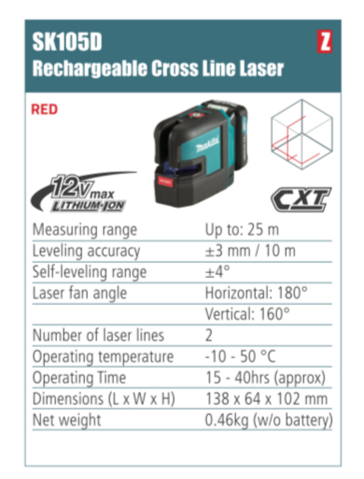 MAKITA Rechargeable 4 point cross line laser/ cross line laser, measuring range up to 25/35m