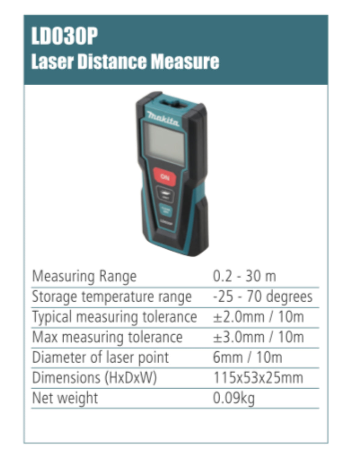 MAKITA LD030P Laser Distance Measure 0.2m-30m