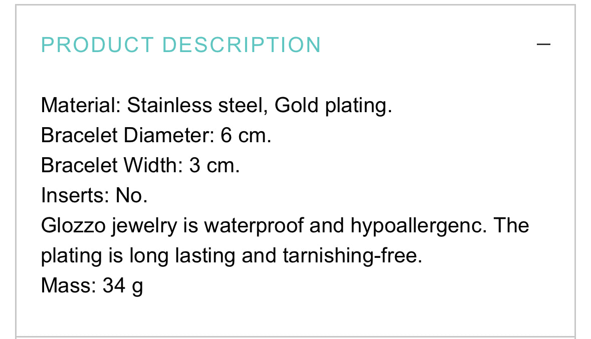 18K GOLD PLATED STAINLESS STEEL BRACELET NTENSITY WATERPROOF HYPOALLERGENIC JEWELRY