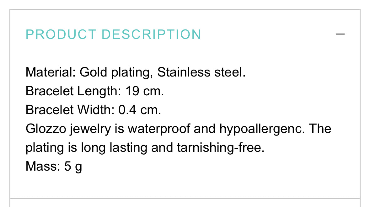 18K GOLD PLATED STAINLESS STEEL BRACELET, INTENSITY, WATERPROOF, HYPOALLERGENIC JEWELRY