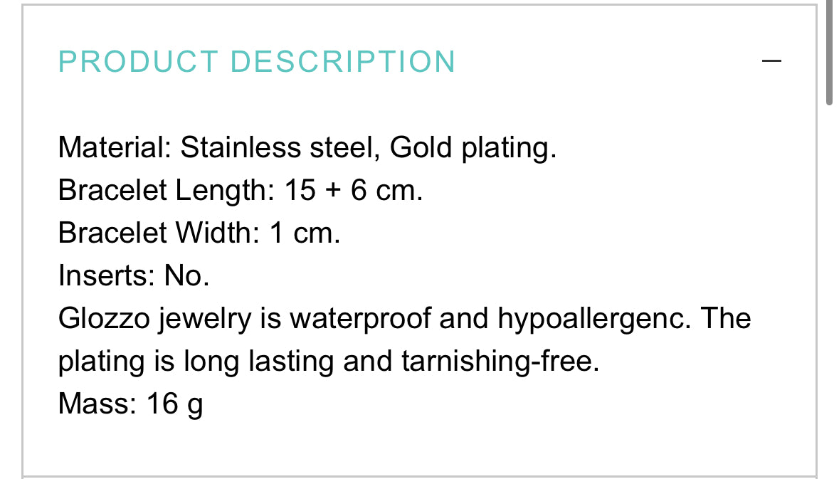 18K GOLD PLATED STAINLESS STEEL BRACELET, INTENSITY,WATERPROOF, HYPOALLERGENIC JEWELRY
