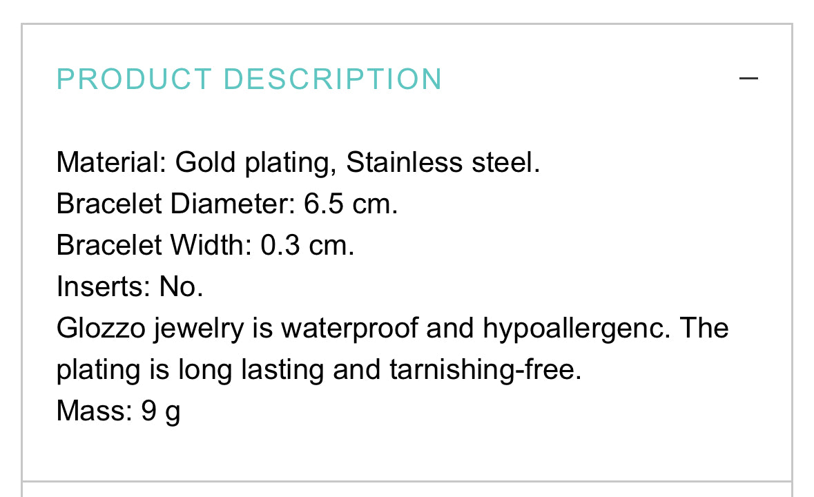 18K GOLD PLATED STAINLESS STEEL BRACELET, INTENSITY,WATERPROOF; HYPOALLERGENIC JEWELRY