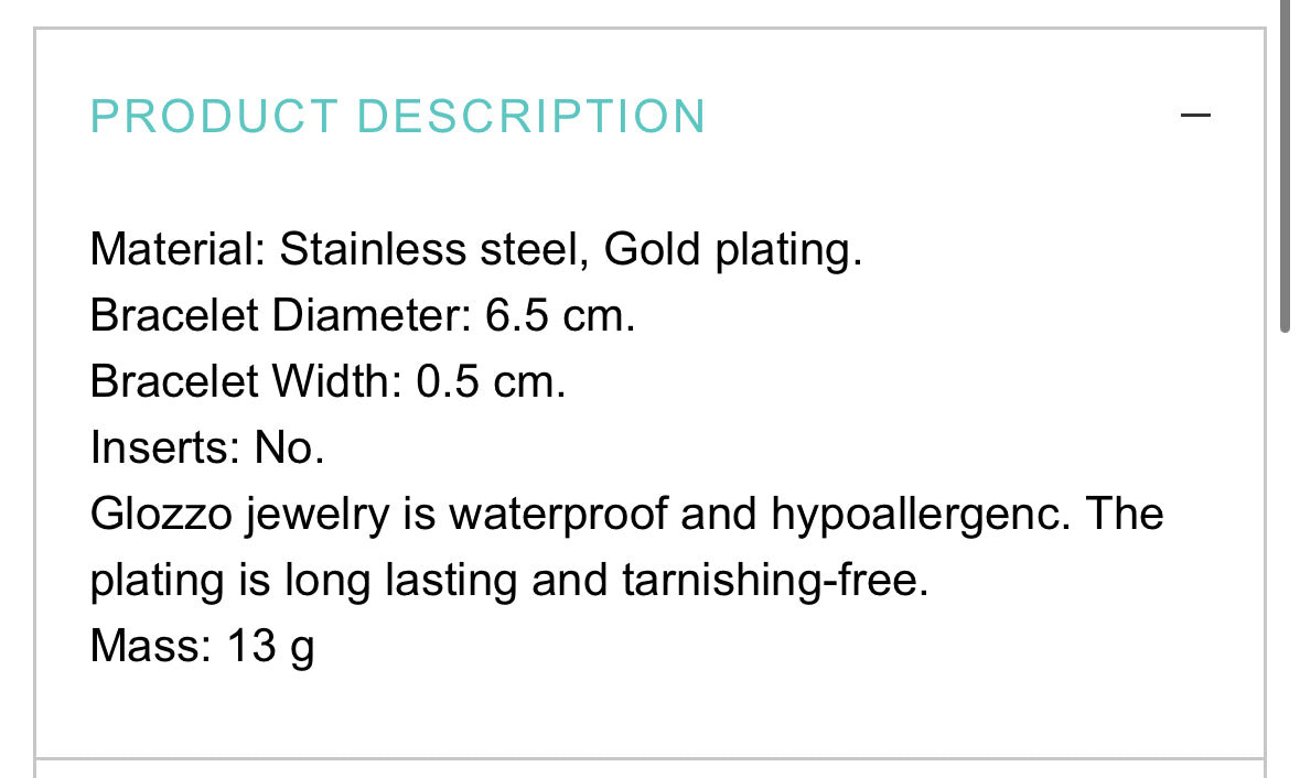 18K GOLD PLATED STAINLESS STEEL BRACELET, INTENSITY,WATERPROOF, HYPOALLERGENIC JEWELRY