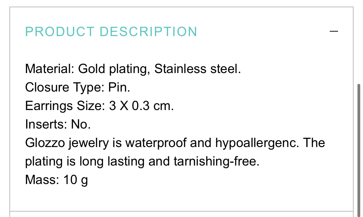 18K GOLD PLATED STAINLESS STEEL EARRINGS, INTENSITY; WATERPROOF; HYPOALLERGENIC JEWELRY