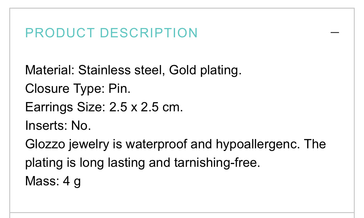 18K GOLD PLATED STAINLESS STEEL EARRINGS, INTENSITY; WATERPROOF; HYPOALLERGENIC JEWELRY