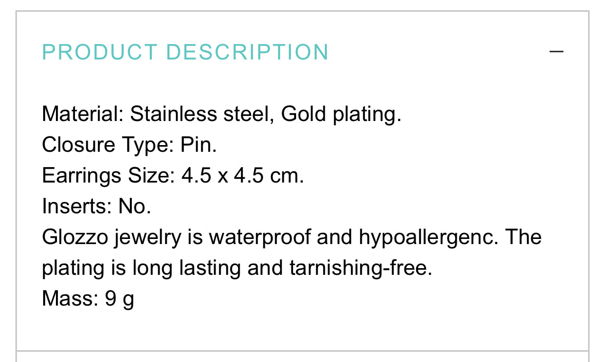 18K GOLD PLATED STAINLESS STEEL EARRINGS, INTENSITY; WATERPROOF; HYPOALLERGENIC JEWELRY