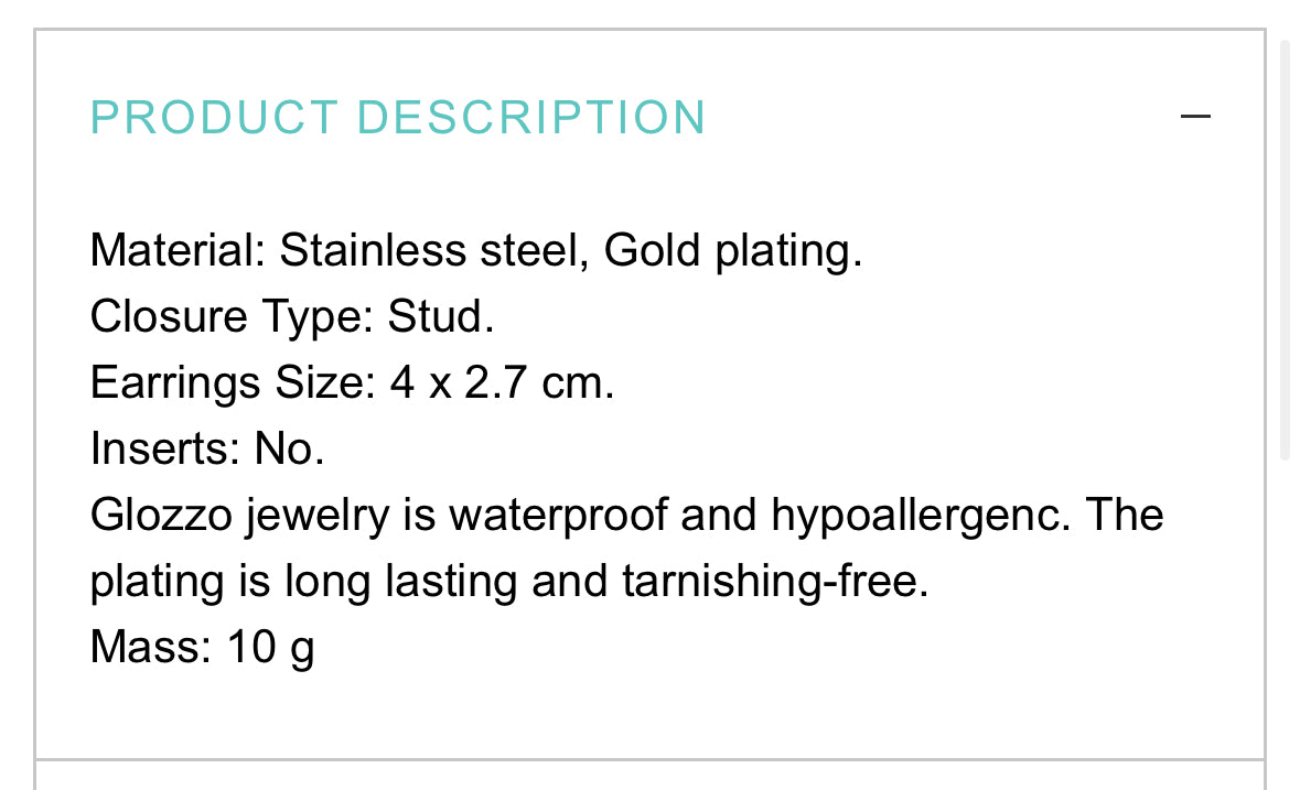 18K GOLD PLATED STAINLESS STEEL EARRINGS, INTENSITY; WATERPROOF; HYPOALLERGENIC JEWELRY