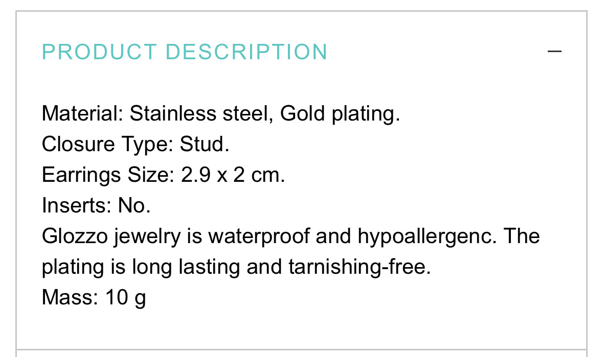 18K GOLD PLATED STAINLESS STEEL EARRINGS, INTENSITY; WATERPROOF; HYPOALLERGENIC JEWELRY