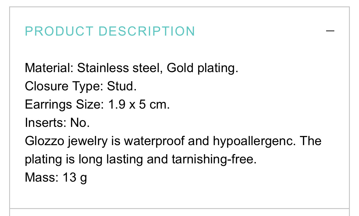 18K GOLD PLATED STAINLESS STEEL EARRINGS, INTENSITY; WATERPROOF; HYPOALLERGENIC JEWELRY