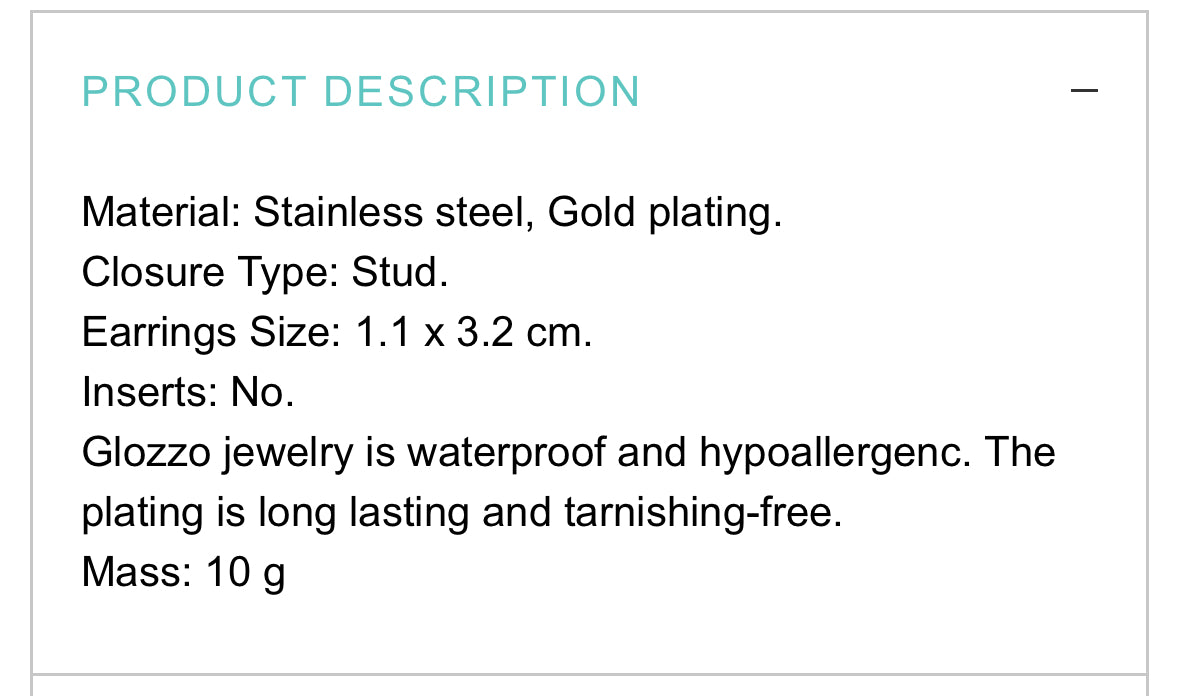 18K GOLD PLATED STAINLESS STEEL EARRINGS, INTENSITY; WATERPROOF; HYPOALLERGENIC JEWELRY
