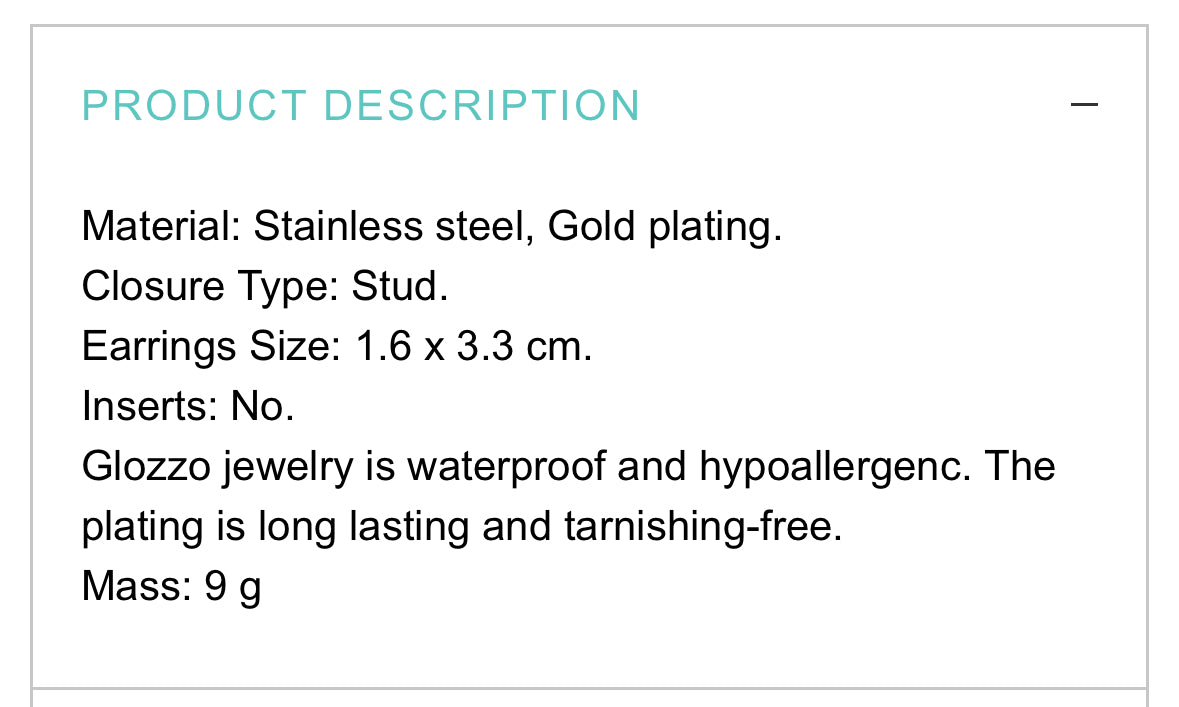 18K GOLD PLATED STAINLESS STEEL EARRINGS, INTENSITY; WATERPROOF; HYPOALLERGENIC JEWELRY