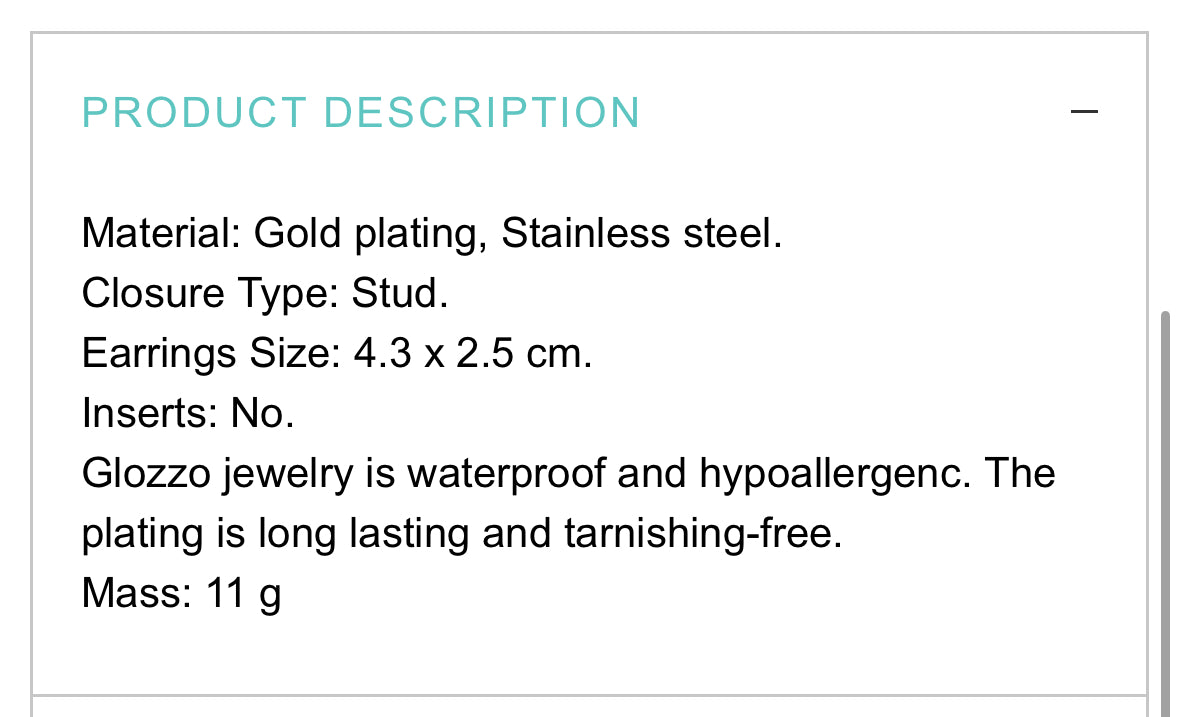 18K GOLD PLATED STAINLESS STEEL EARRINGS, INTENSITY; WATERPROOF; HYPOALLERGENIC JEWELRY