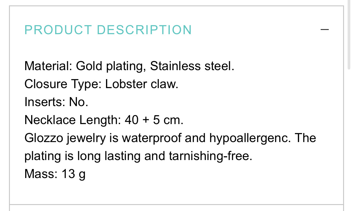 18K GOLD PLATED STAINLESS STEEL NECKLACE,INTENSITY,WATERPROOF, HYPOALLERGENIC JEWELRY