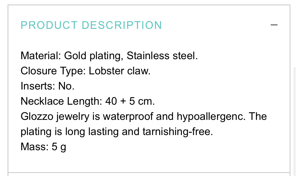 18K GOLD PLATED STAINLESS STEEL NECKLACE,INTENSITY,WATERPROOF, HYPOALLERGENIC JEWELRY