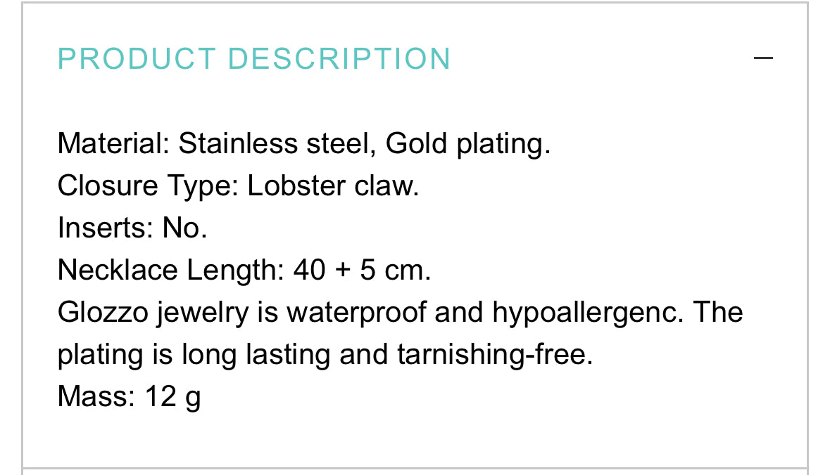 18K GOLD PLATED STAINLESS STEEL NECKLACE,INTENSITY,WATERPROOF, HYPOALLERGENIC JEWELRY