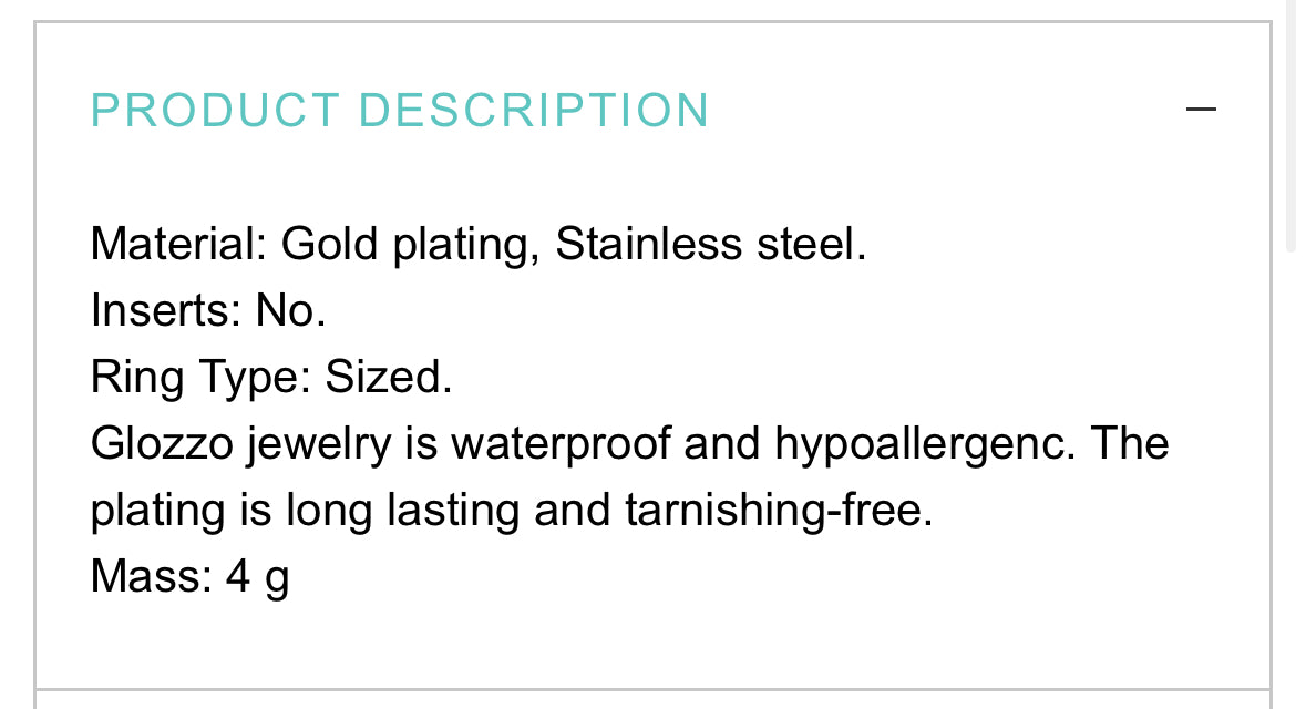 18K GOLD PLATED STAINLESS STEEL FINGER RING, INTENSITY; WATERPROOF; HYPOALLERGENIC JEWELRY