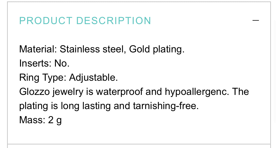 18K GOLD PLATED STAINLESS STEEL FINGER RING, INTENSITY; WATERPROOF; HYPOALLERGENIC JEWELRY