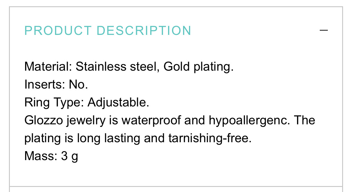 18K GOLD PLATED STAINLESS STEEL FINGER RING, INTENSITY; WATERPROOF; HYPOALLERGENIC JEWELRY