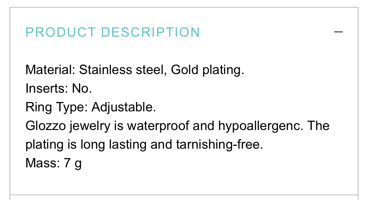 18K GOLD PLATED STAINLESS STEEL FINGER RING, INTENSITY; WATERPROOF; HYPOALLERGENIC JEWELRY
