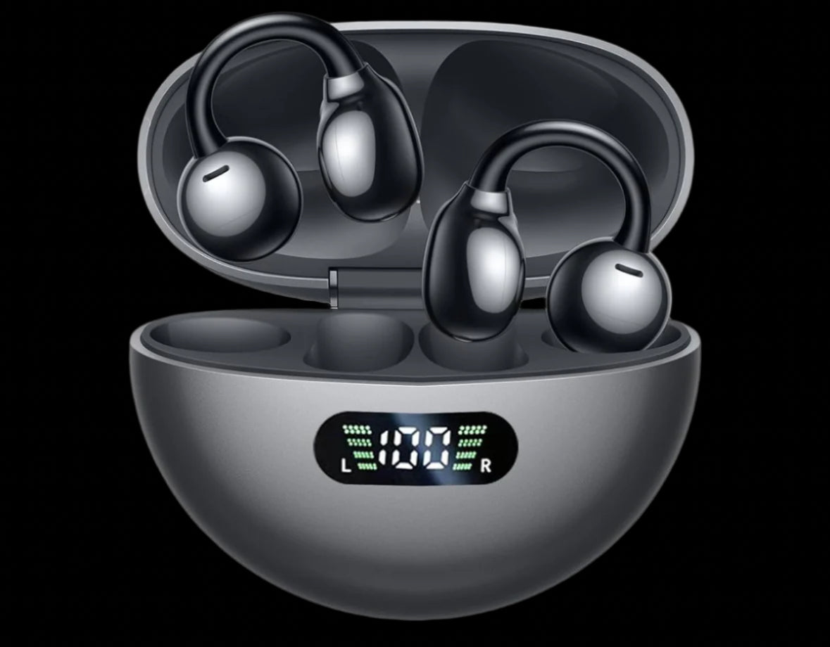 Open Ear earbuds bluetooth 5.4 clip on earbuds, 10mm drivers with big bass true wireless earphones, adaptive noise cancelling calls, 32H playtime, IPX6 waterproof sport headphones