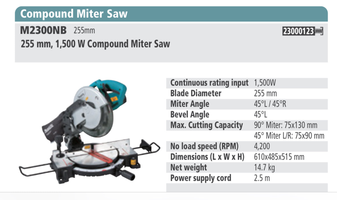 MAKITA M2300NB Compound Miter Saw 255mm blade diameter, 1500W