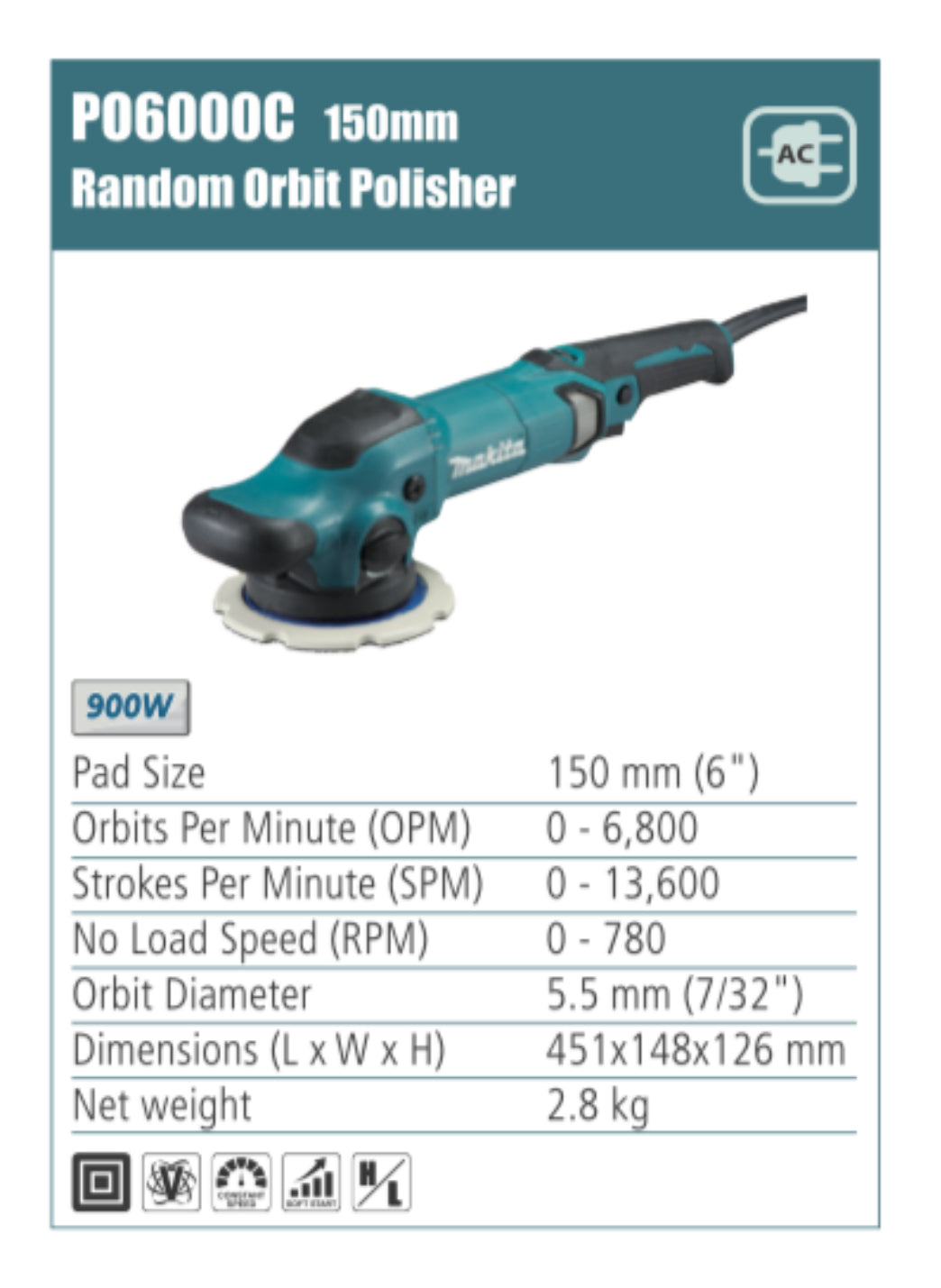 MAKITA P06000C Random Orbit Sander, 150mm pad size, 900W