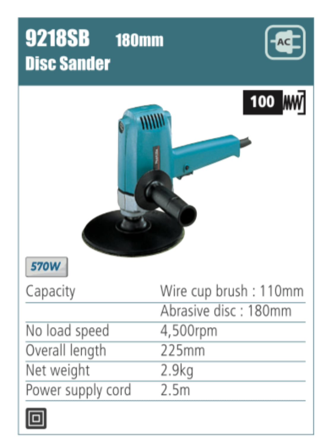 MAKITA 9218SB, 180mm Disc Sander, 570W