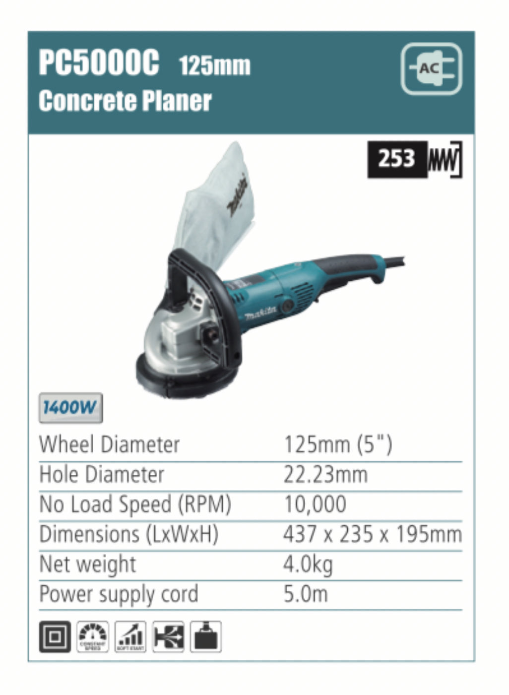 MAKITA PC5000C Concrete Planer 125mm wheel diameter,  1400W