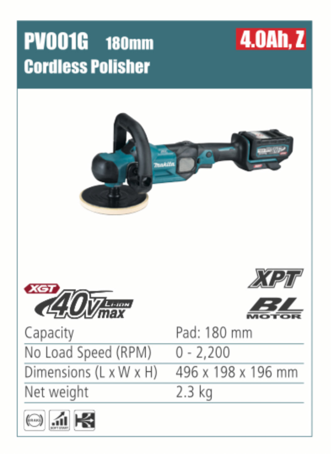 MAKITA PV001G Cordless Polisher 180mm pad size