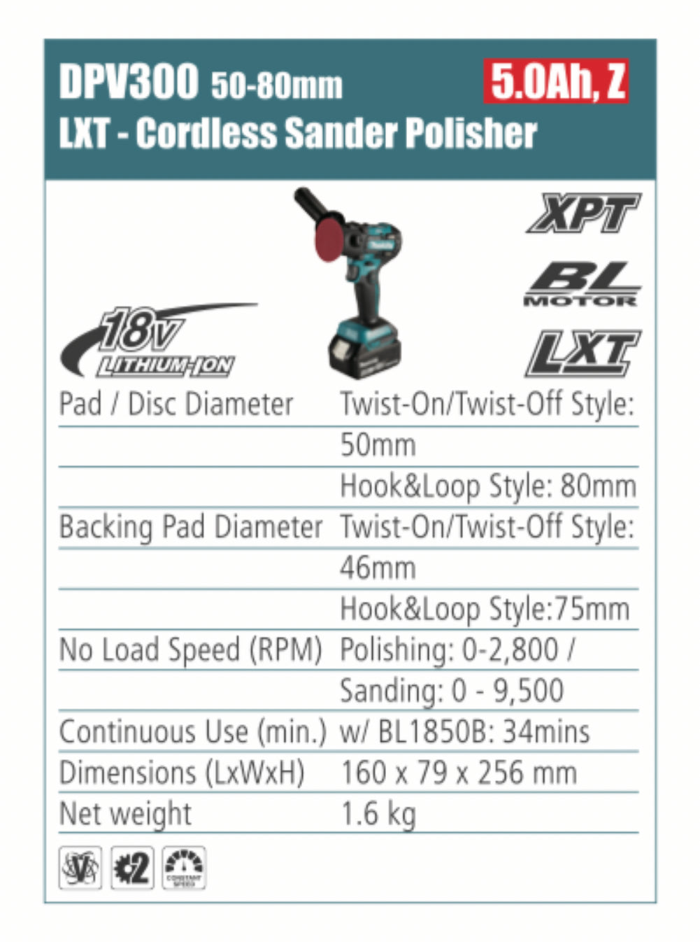 MAKITA Cordless Sander Polisher 50mm pad diameter, without battery