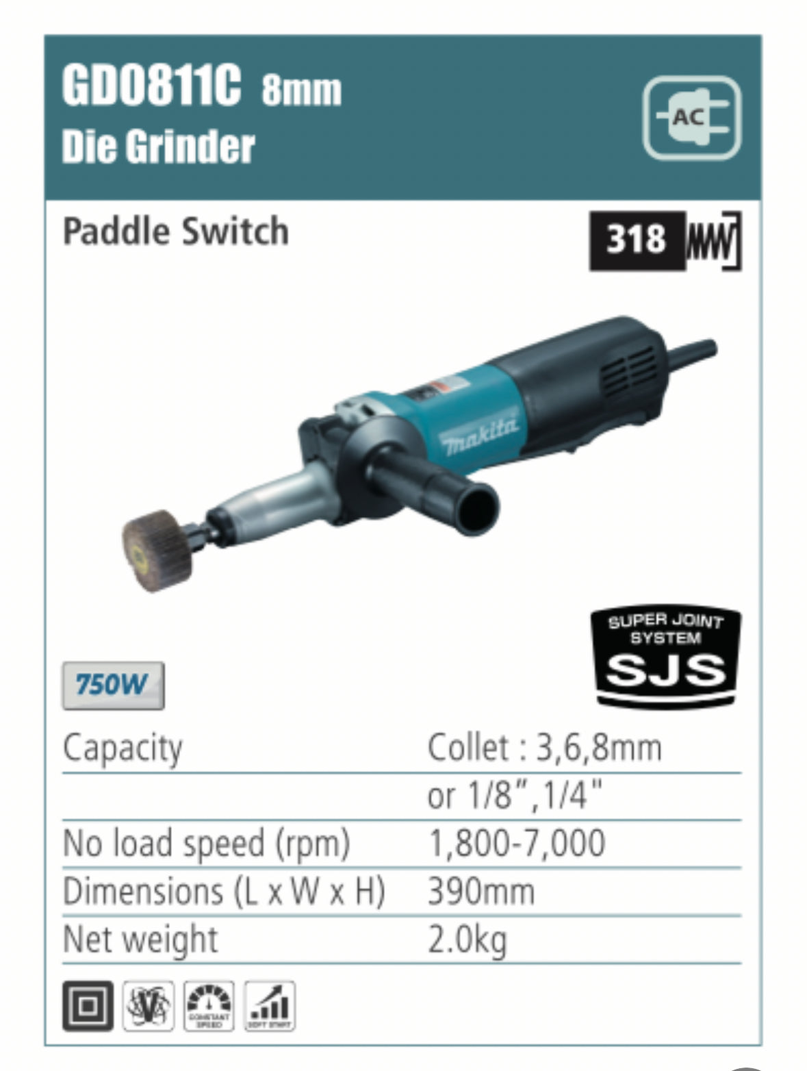 MAKITA 8mm Die Grinder with paddle switch, 750W