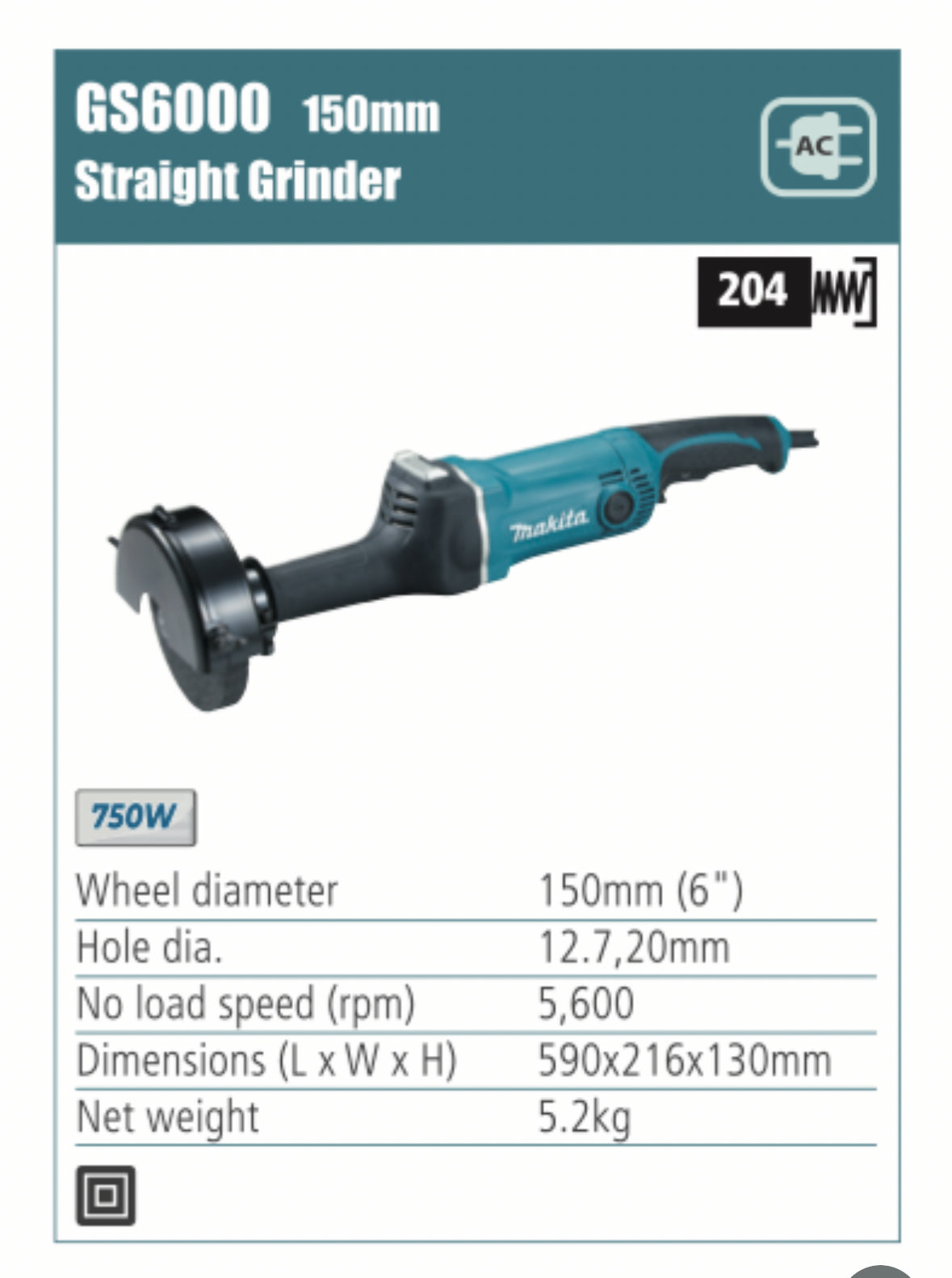 MAKITA Straight Grinder 125/150mm wheel diameter, 750W