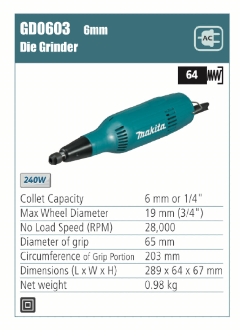 MAKITA GD0603 6mm Die Grinder 240W