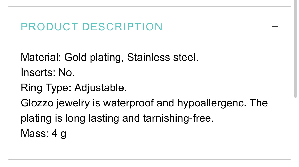 18K GOLD PLATED STAINLESS STEEL FINGER RING, INTENSITY;  WATERPROOF; HYPOALLERGENIC JEWELRY