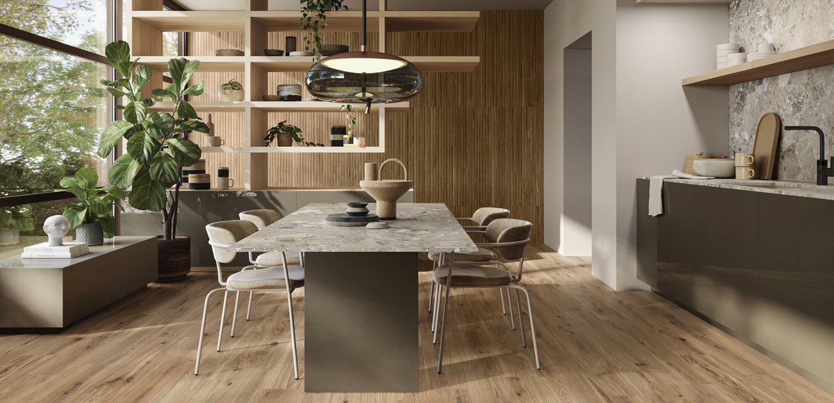 Sapien Wood Mocca - RAK Ceramics, applied in a kitchen